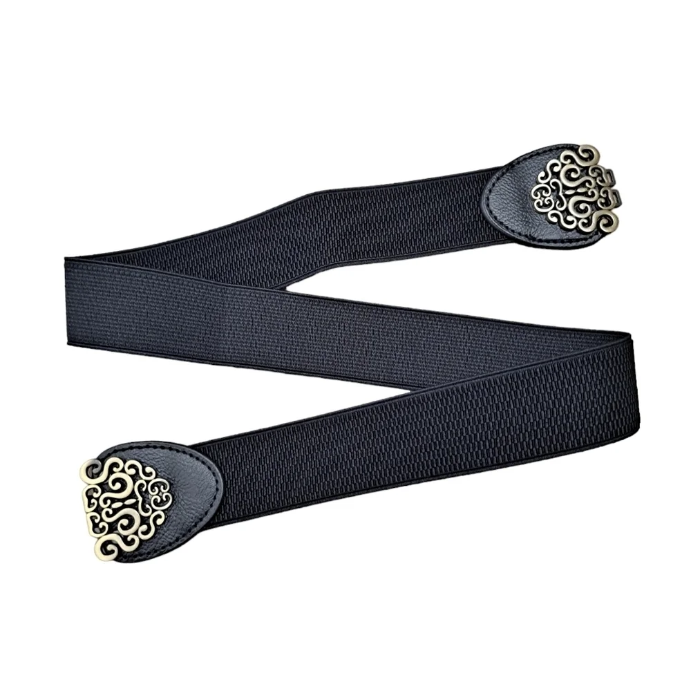 Black gold floral buckle faux leather corset boho stretch waist statement belt